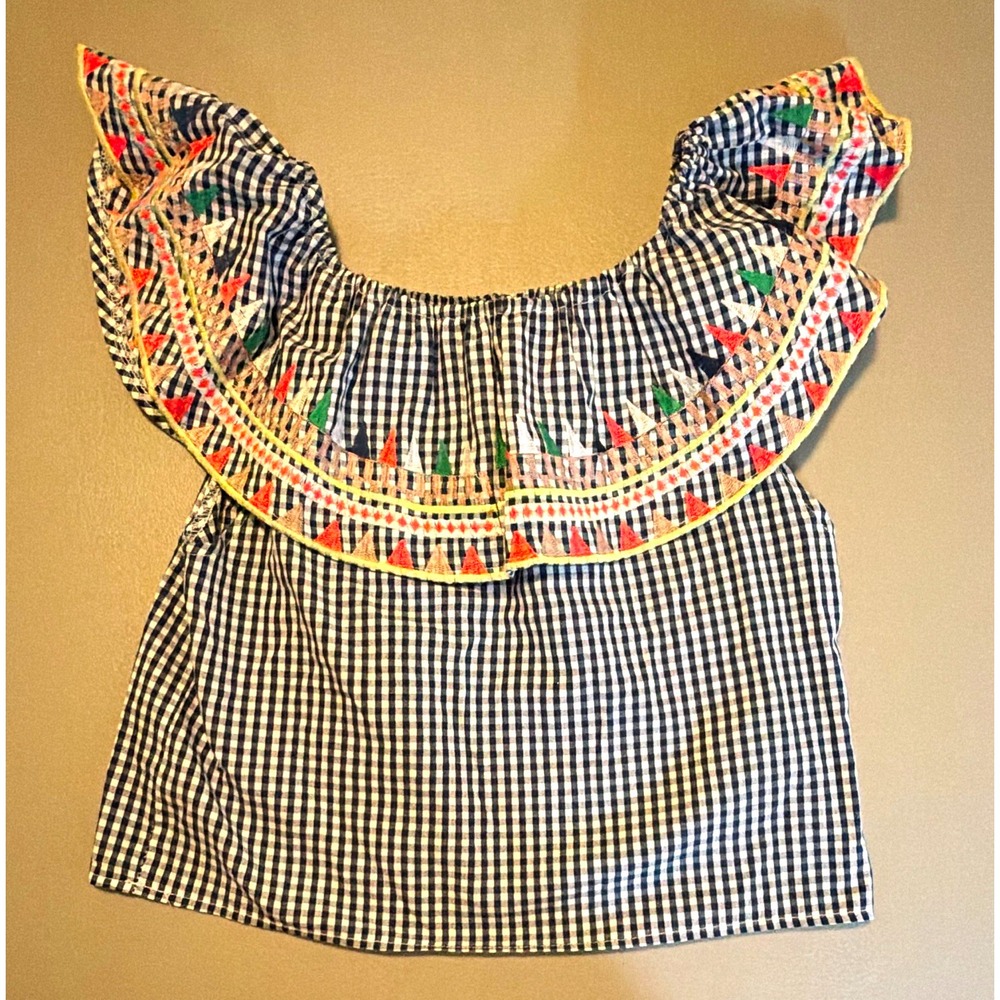 VELZERA Women's Size S Blue White Gingham Off Shoulder Ruffle Cotton Blouse